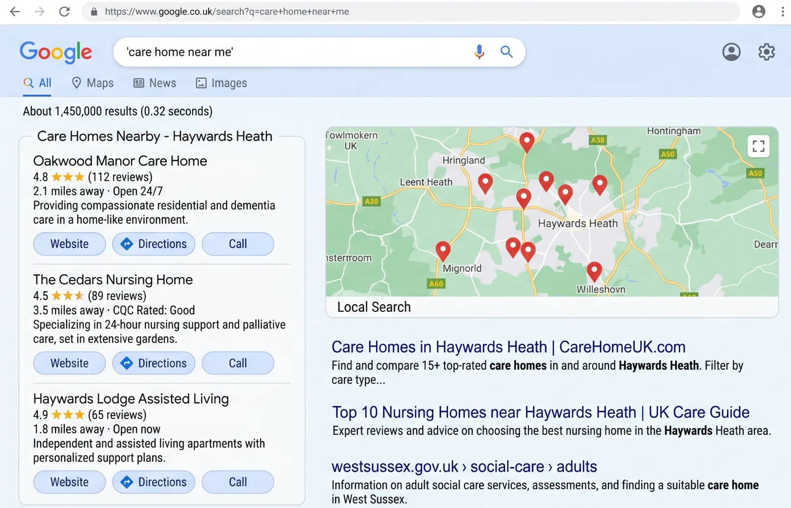 An image of a google search 'care home near me'