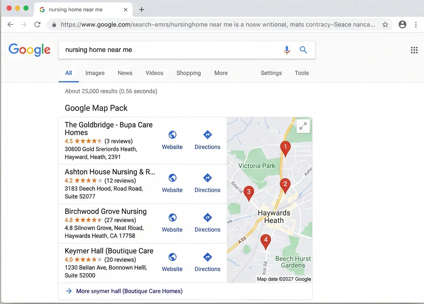 An image of a google map pack with the search term 'nursing home near me'