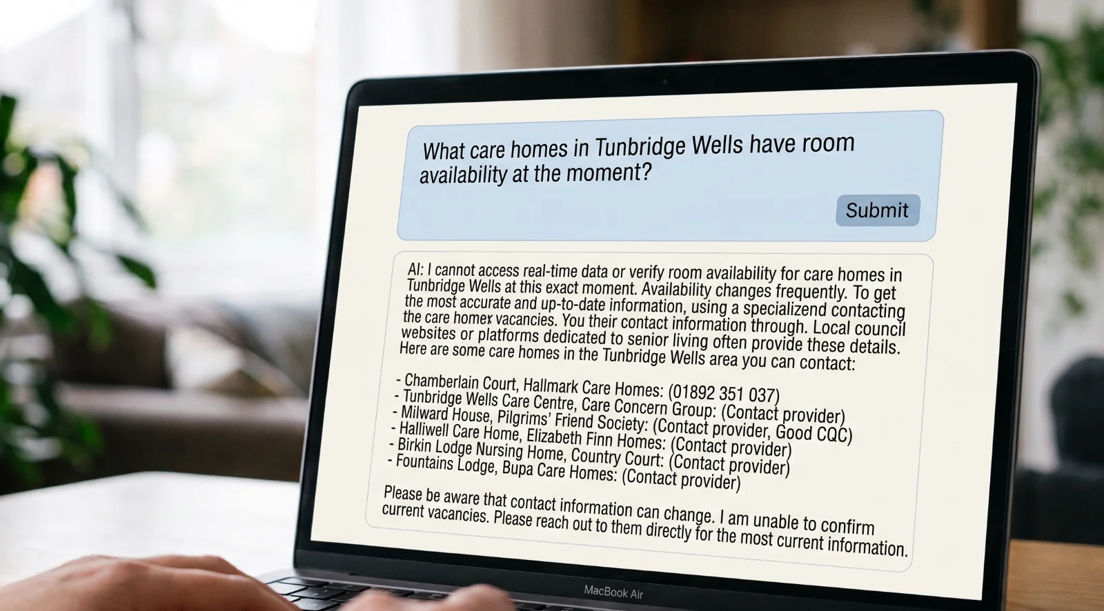 Asking an AI system for care home recommendations