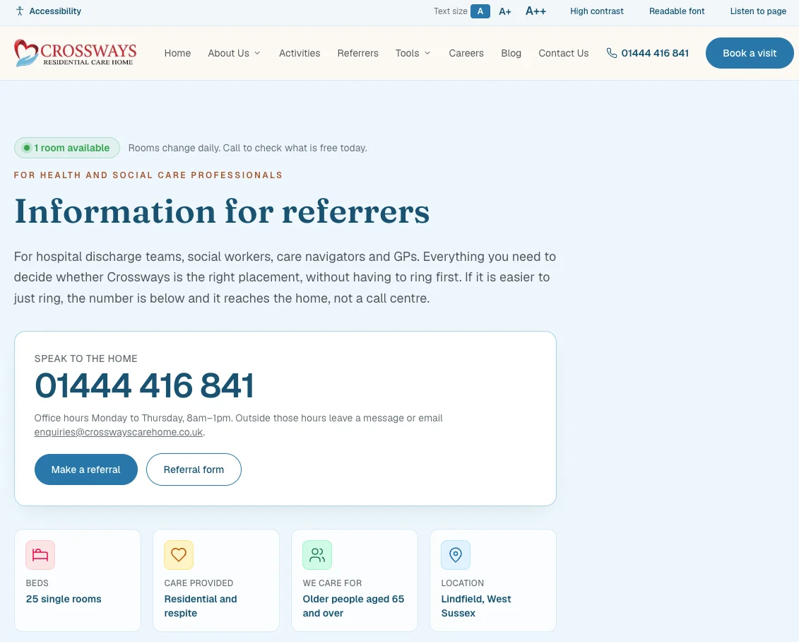 An image showcasing a TRG Digital built referrers page showing rooms available and contact details.