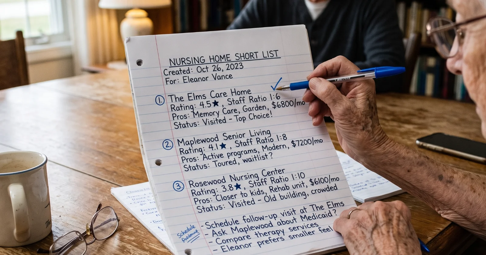 An image of a elderly lady making a list of care homes she is interested in visiting