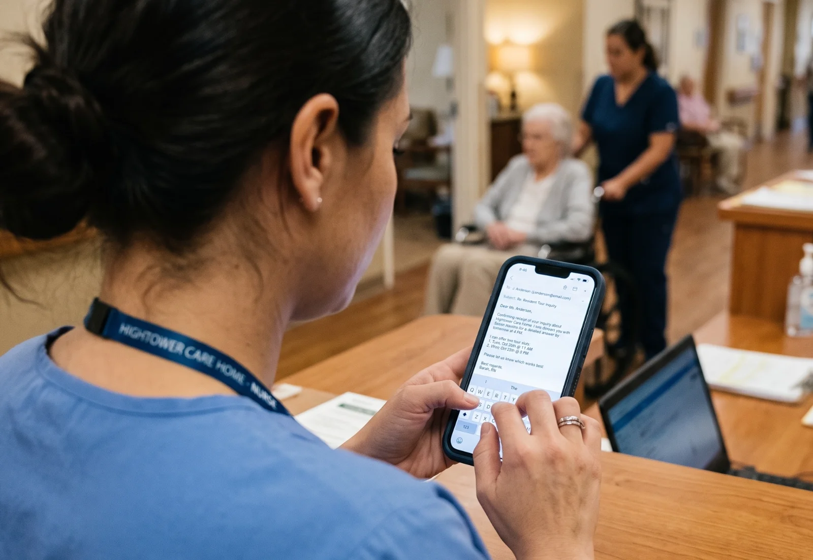 A nurse in a nursing home responding to a viewing request