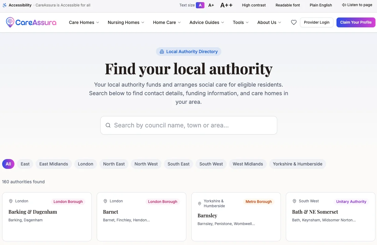 An image of CareAssura local authority search feature showing people what prices local authorities pay for care