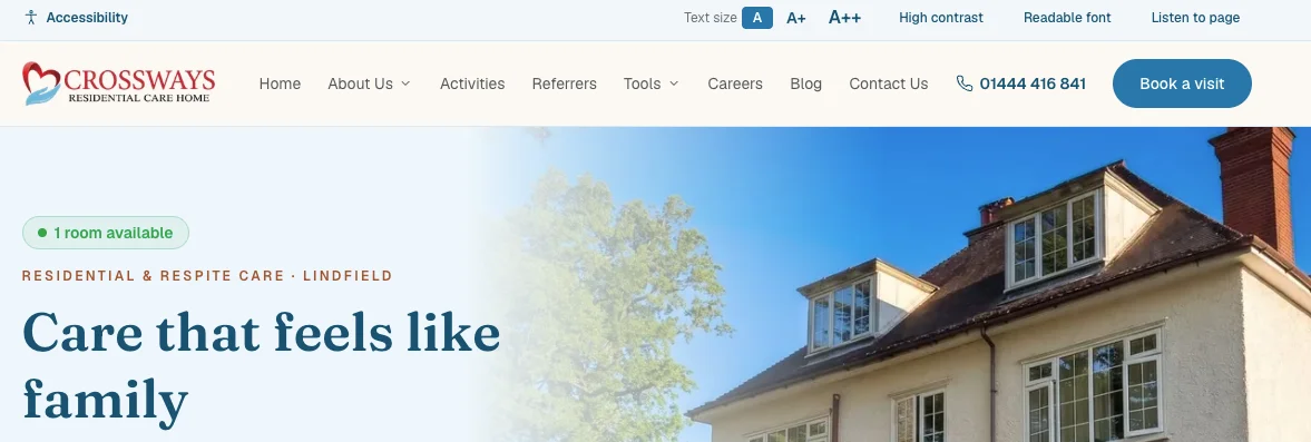 An image of a care website built by TRG Digital that shows the live availability tracker on every page so people reading the site can see if there are rooms availability.  This tool is available to rent or comes as standard with TRG Digital website build