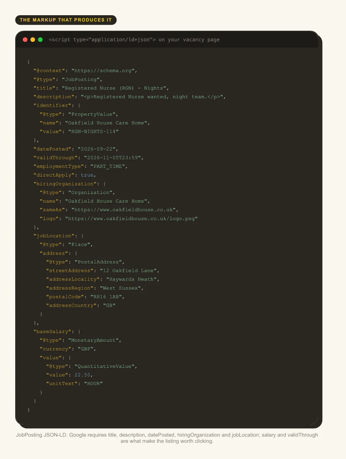 An image showing the JobPosting schema in action working in the background of your site.  For all TRG website builds we focus heavily on making sure the websites have the correct schema in place for the correct pages