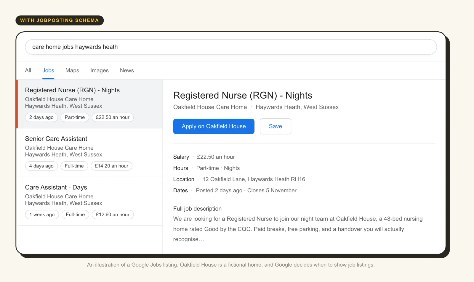 An image showing our a carers page and job listing shows on Google search results with JobPosting schema. For all TRG website builds we focus heavily on making sure the websites have the correct schema in place for the correct pages