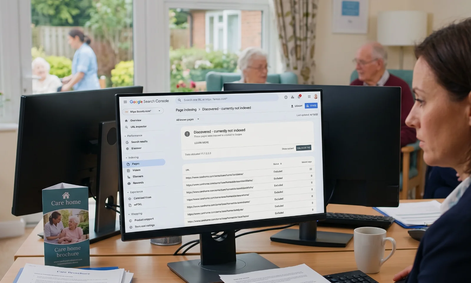 an image of a care home using  Google Search Console and seeing whether pages are marked "Discovered, currently not indexed"